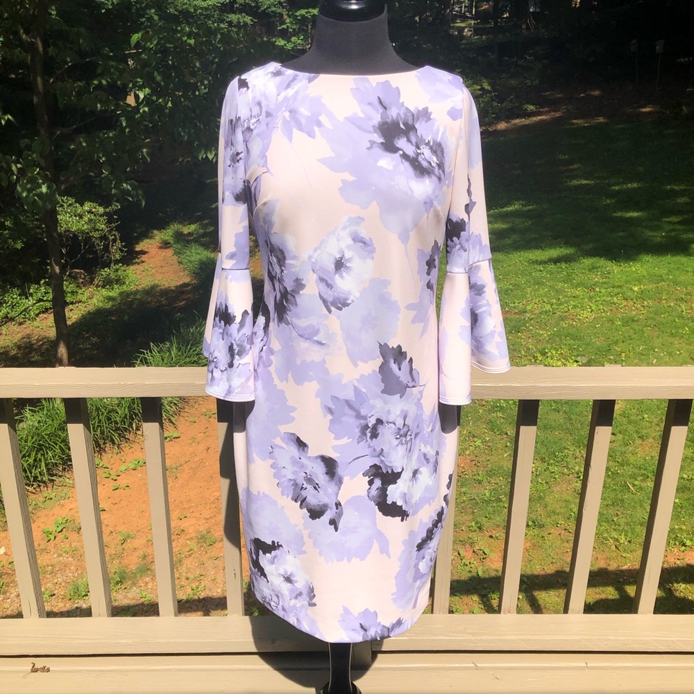 🔴Calvin Klein Violet Cream & Black Bell Sleeve Dress Sz 10